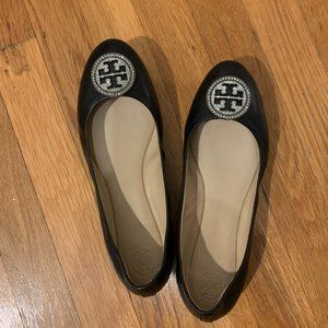 Tory Burch black leather ballet flats with rhinestones